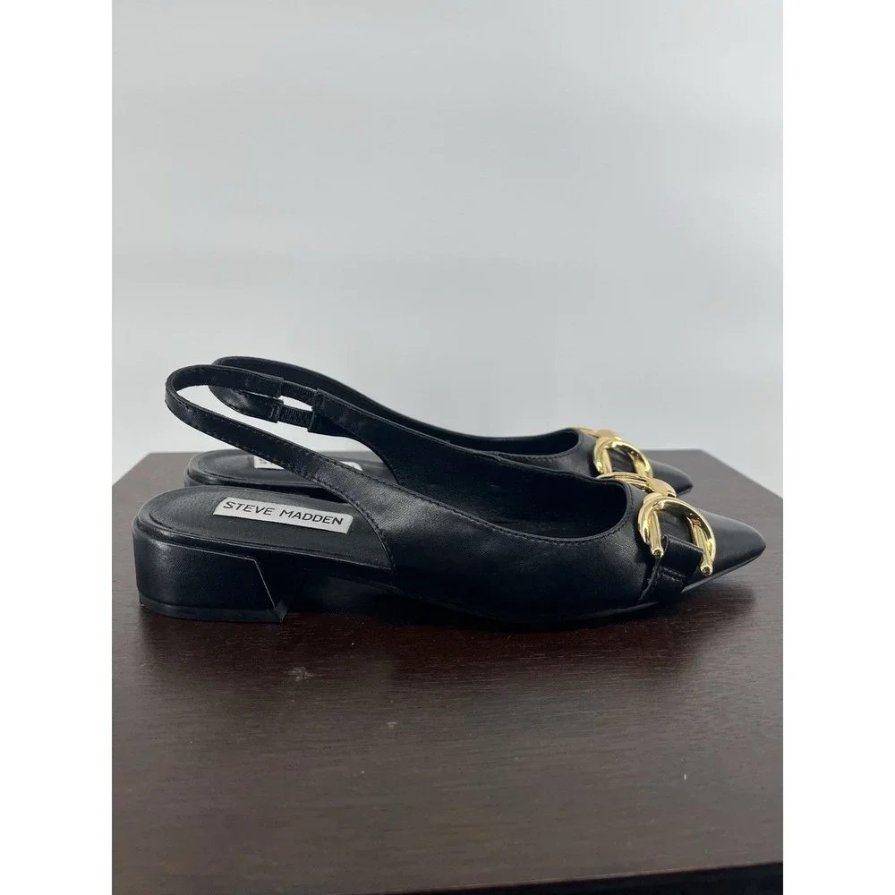 Steve Madden Womens Caitie Size 6 Leather Slingback Low Heel Black Gold Hardware